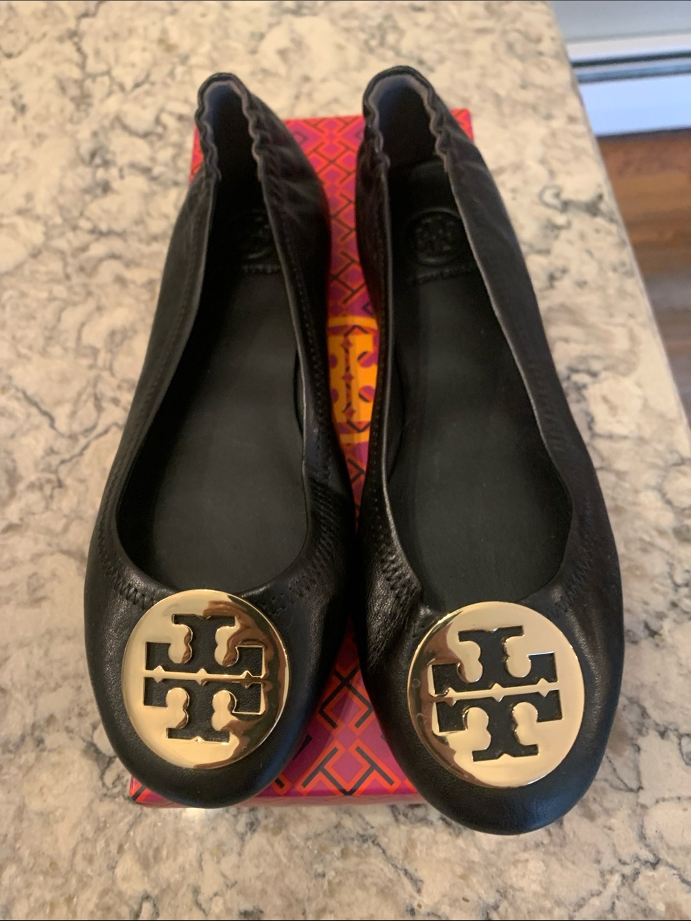 Tory Burch Black Leather Ballet Flats with Gold Logo Medallion